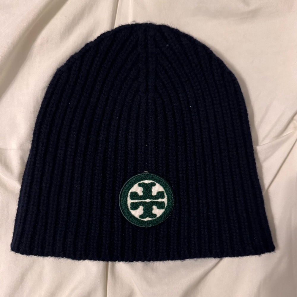 Tory Burch Navy and Green Knit Beanie Hat